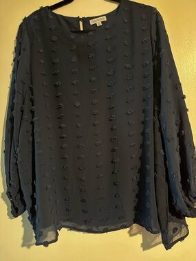 Dobella Rose Navy Textured Dot Long-Sleeve Blouse
